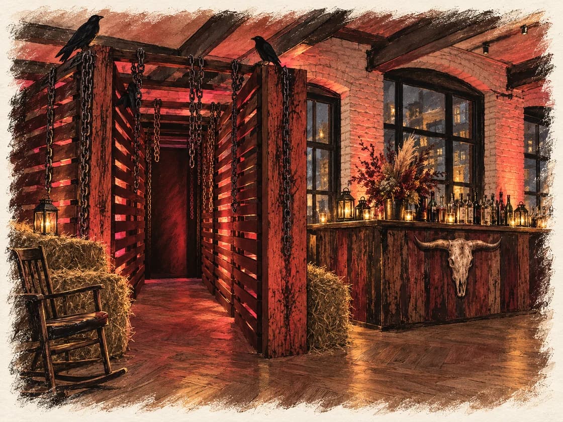 Editorial illustration of a barn wood corridor hung with chains, hay bales and a rough wooden bar at the Storys Halloween party