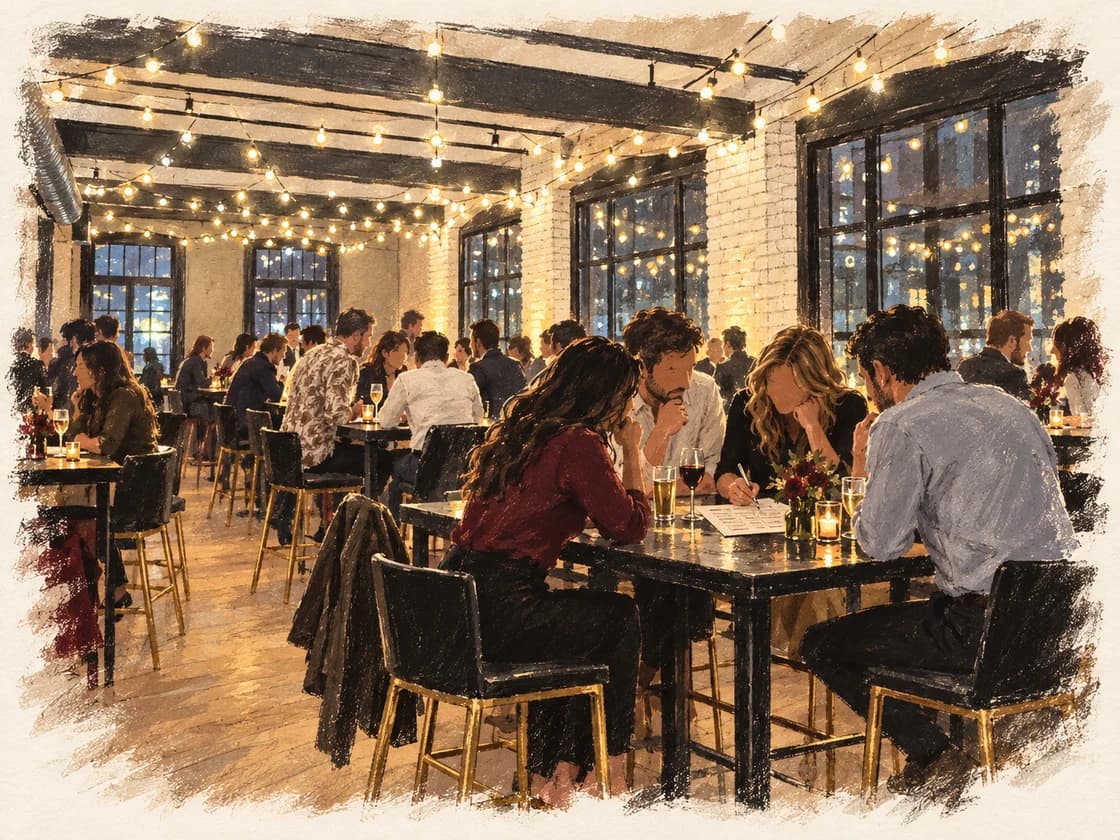 Editorial illustration of a trivia team around a high table beneath string lights at Storys