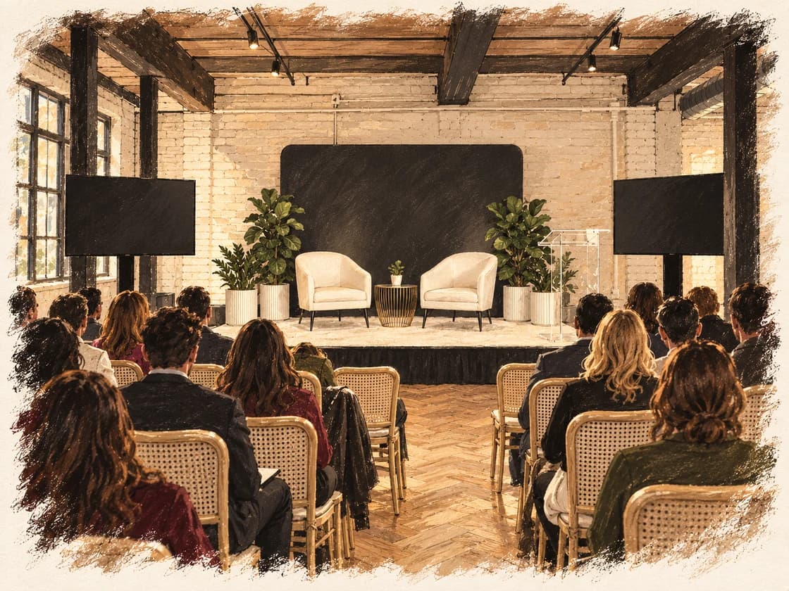 Editorial illustration of a stage with two armchairs and rows of attendees at an all-day meeting at Storys