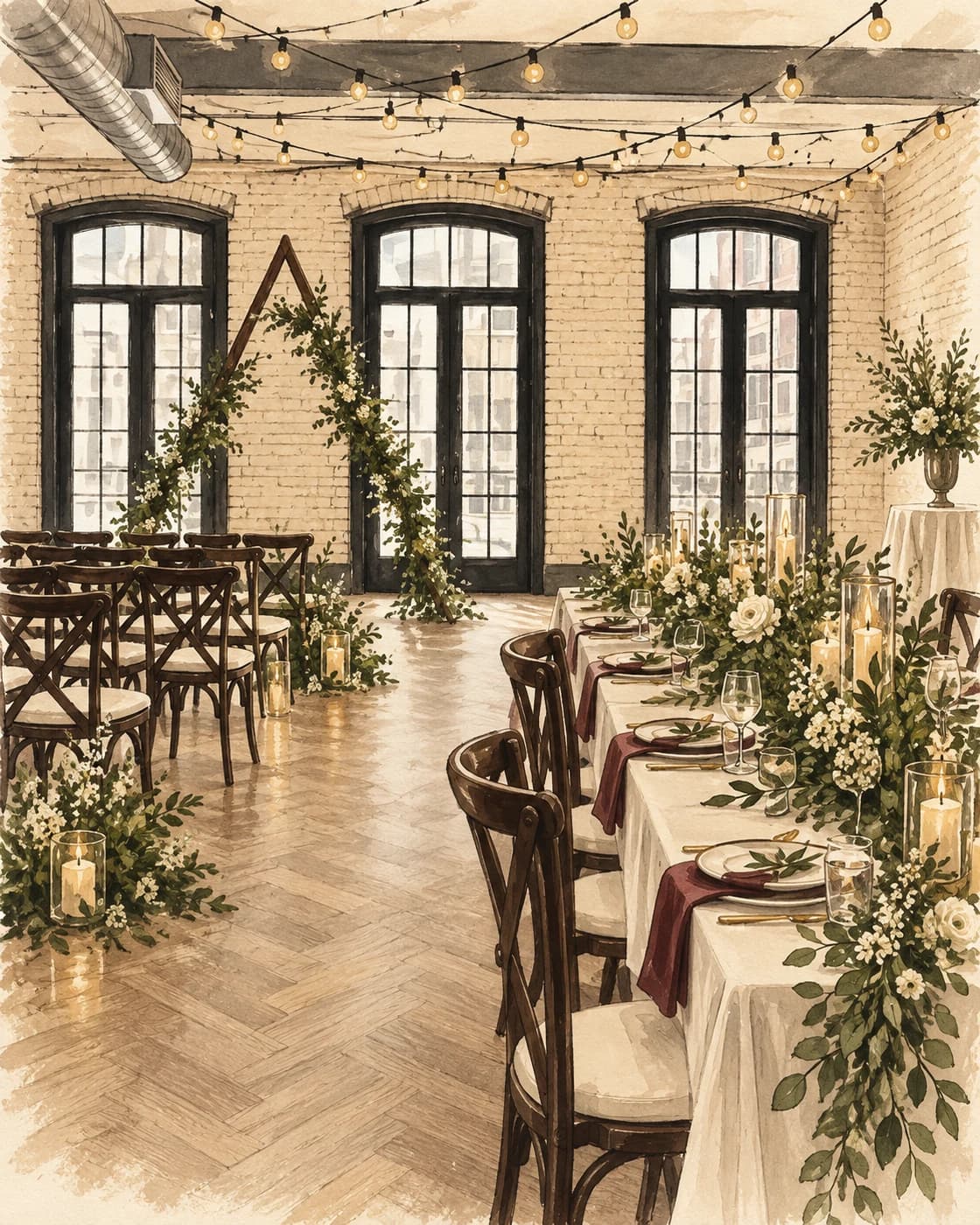 Editorial illustration of ceremony chairs and a dinner table beneath the arched windows at Storys