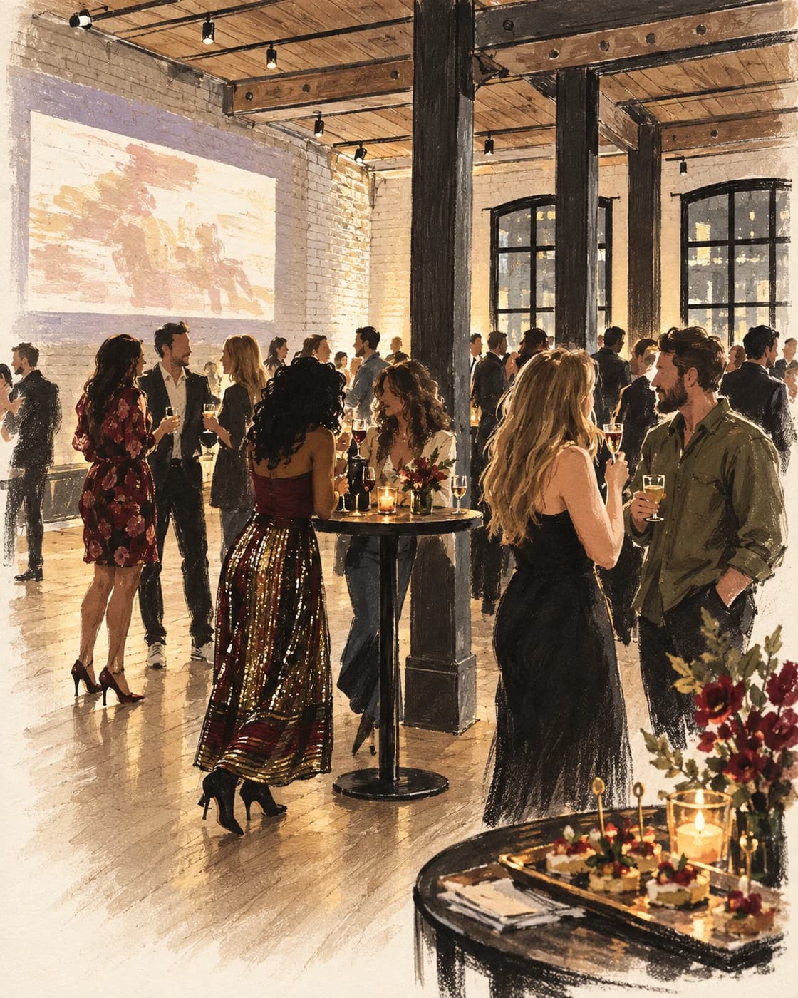Editorial illustration of guests mingling beneath a film projection at the Storys TIFF party