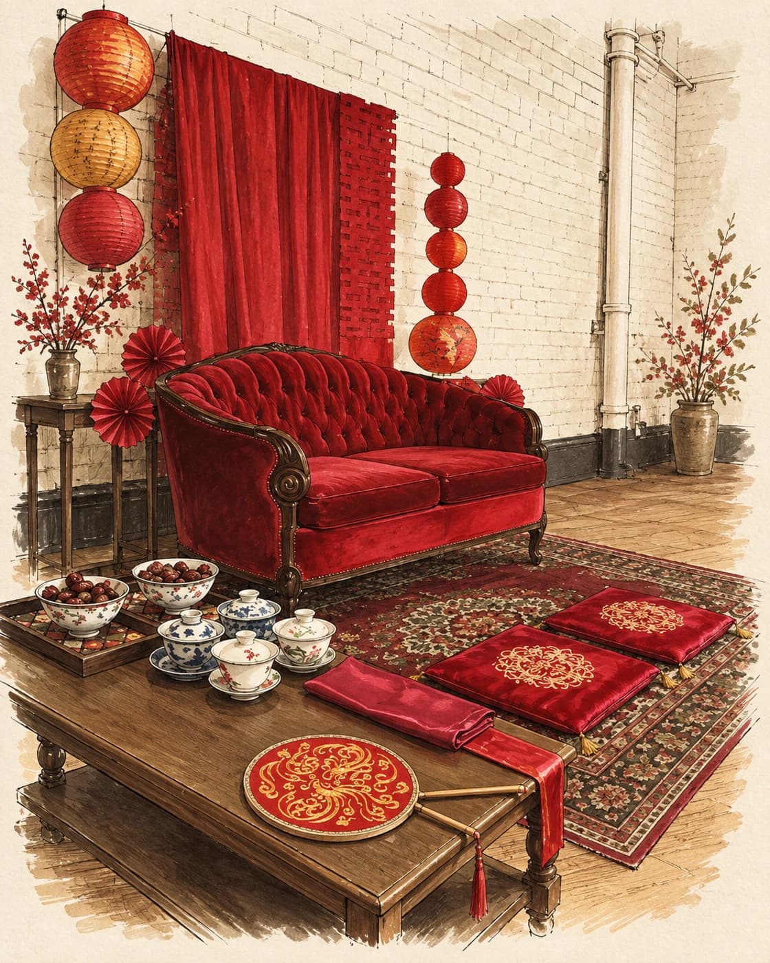 Editorial illustration of the red settee, lanterns and tea service at Sue and Eunwoo’s wedding