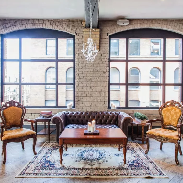 Vintage lounge setup in loft venue
